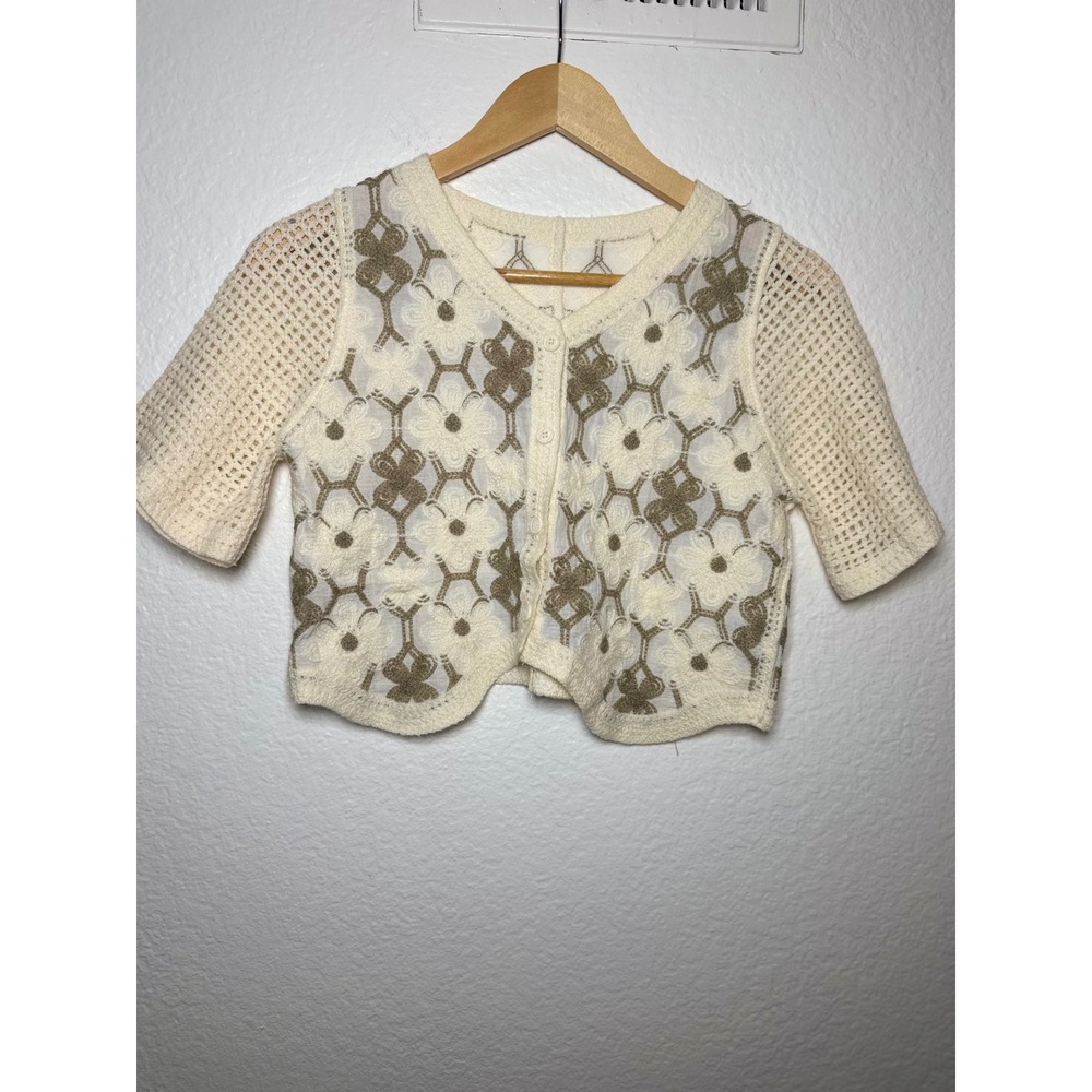 Unbranded Crop Top Women XS/S Cream Floral Embroidered Crochet Sleeve Button Up